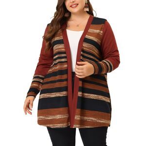 Women's Plus Size Cardigan Long Open Front Striped Sweater Cardigans Red
